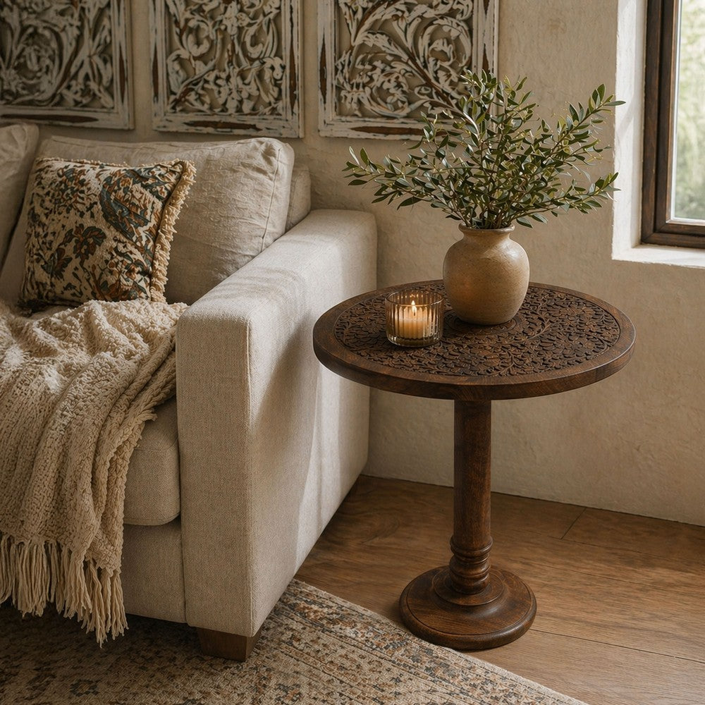 The Urban Port Ari 22 Inch Side End Table, Round Top, Hand Carved Indian Mandala Boho Accent, Brown Mango Wood