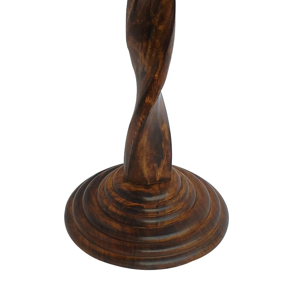 The Urban Port Jem 22 Inch Side End Table, Round Top, Hand Carved Boho Mandala Design with Twisted Base, Brown Mango Wood