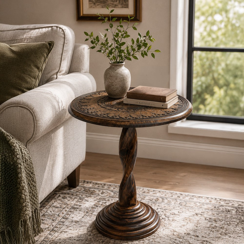 The Urban Port Jem 22 Inch Side End Table, Round Top, Hand Carved Boho Mandala Design with Twisted Base, Brown Mango Wood