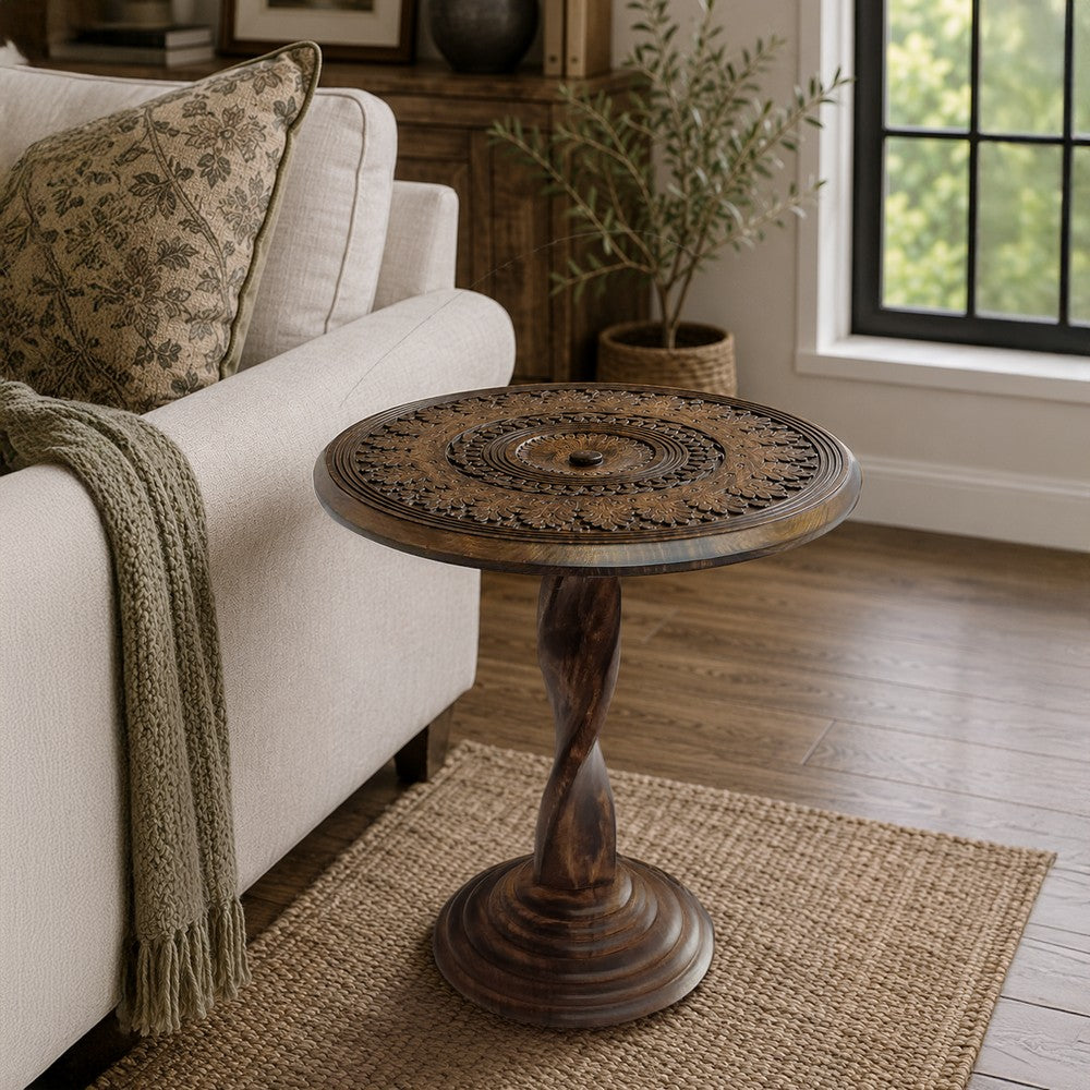The Urban Port Jem 22 Inch Side End Table, Round Top, Hand Carved Boho Mandala Design with Twisted Base, Brown Mango Wood