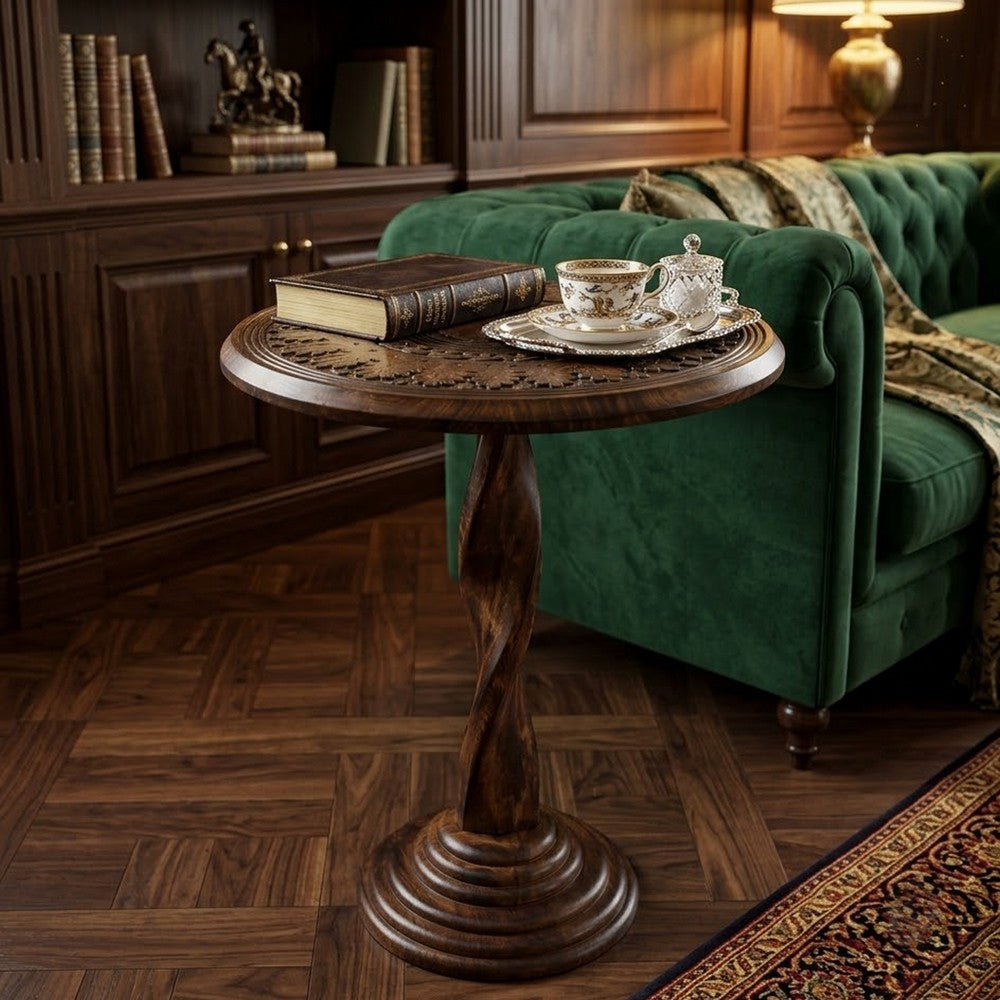 The Urban Port Jem 22 Inch Side End Table, Round Top, Hand Carved Boho Mandala Design with Twisted Base, Brown Mango Wood