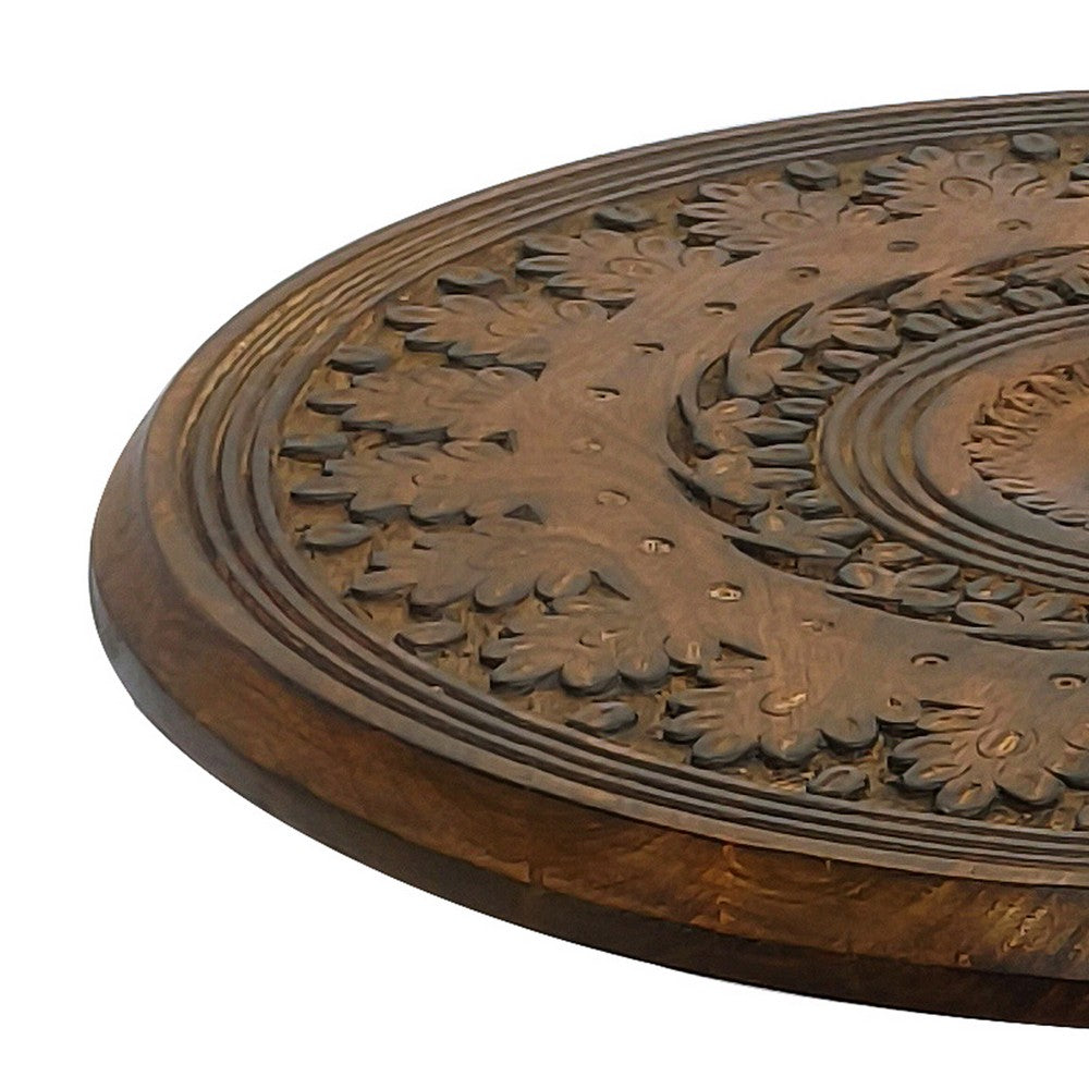 The Urban Port Jem 22 Inch Side End Table, Round Top, Hand Carved Boho Mandala Design with Twisted Base, Brown Mango Wood