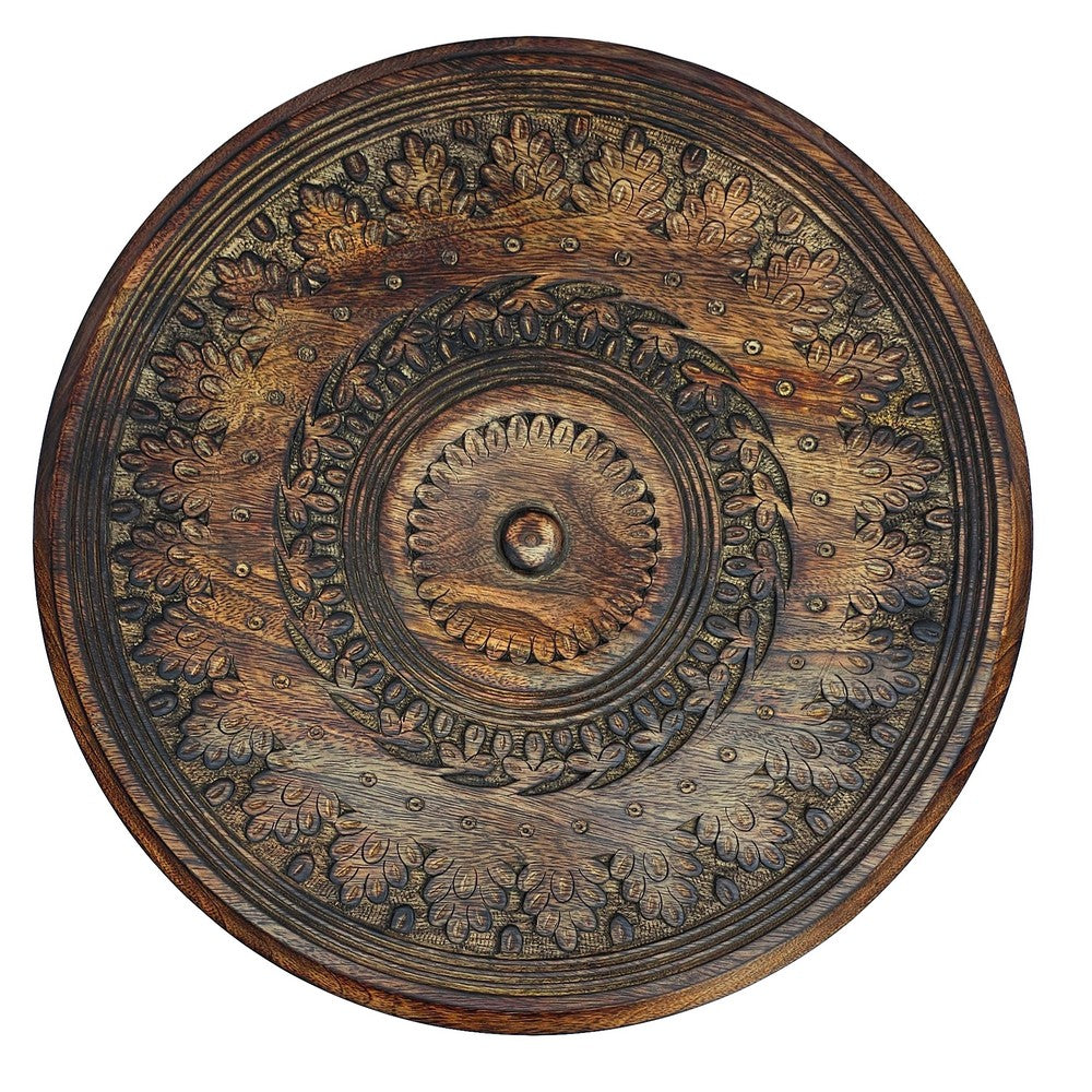 The Urban Port Jem 22 Inch Side End Table, Round Top, Hand Carved Boho Mandala Design with Twisted Base, Brown Mango Wood