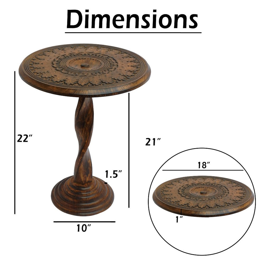 The Urban Port Jem 22 Inch Side End Table, Round Top, Hand Carved Boho Mandala Design with Twisted Base, Brown Mango Wood