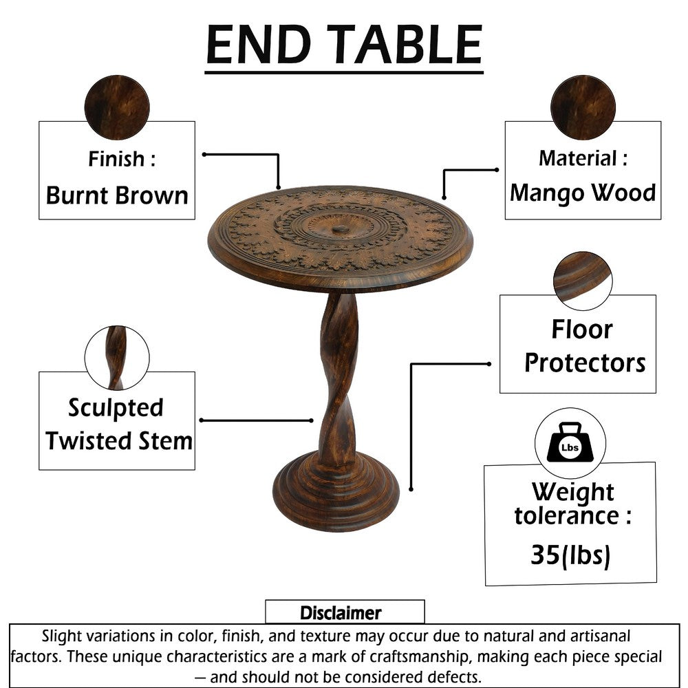 The Urban Port Jem 22 Inch Side End Table, Round Top, Hand Carved Boho Mandala Design with Twisted Base, Brown Mango Wood