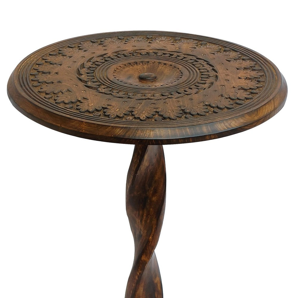 The Urban Port Jem 22 Inch Side End Table, Round Top, Hand Carved Boho Mandala Design with Twisted Base, Brown Mango Wood
