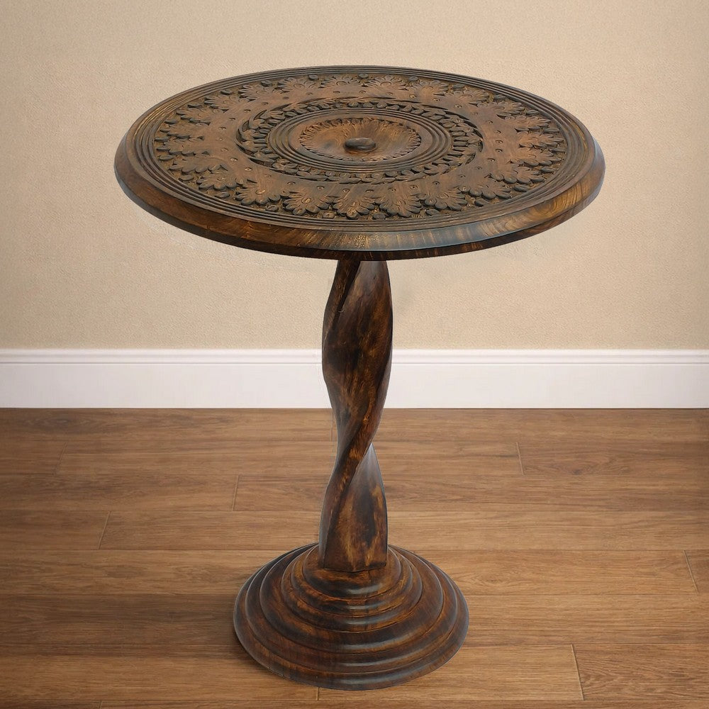 The Urban Port Jem 22 Inch Side End Table, Round Top, Hand Carved Boho Mandala Design with Twisted Base, Brown Mango Wood