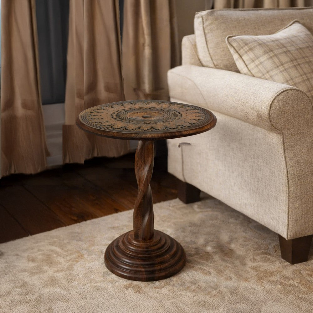 The Urban Port Jem 22 Inch Side End Table, Round Top, Hand Carved Boho Mandala Design with Twisted Base, Brown Mango Wood
