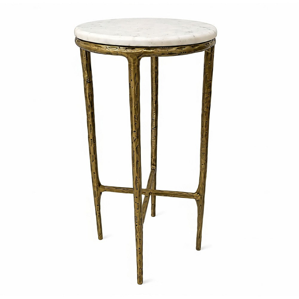 The Urban Port Minza Accent Side End Table, Modern White Marble Round Top, Hand Forged, Hammered Antique Brass Finish, 24 Inch