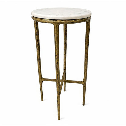 The Urban Port Minza Accent Side End Table, Modern White Marble Round Top, Hand Forged, Hammered Antique Brass Finish, 24 Inch