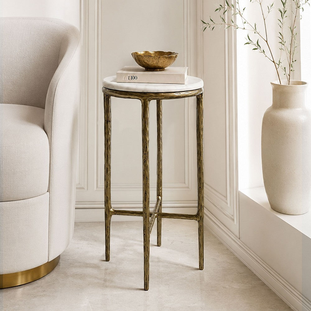 The Urban Port Minza Accent Side End Table, Modern White Marble Round Top, Hand Forged, Hammered Antique Brass Finish, 24 Inch