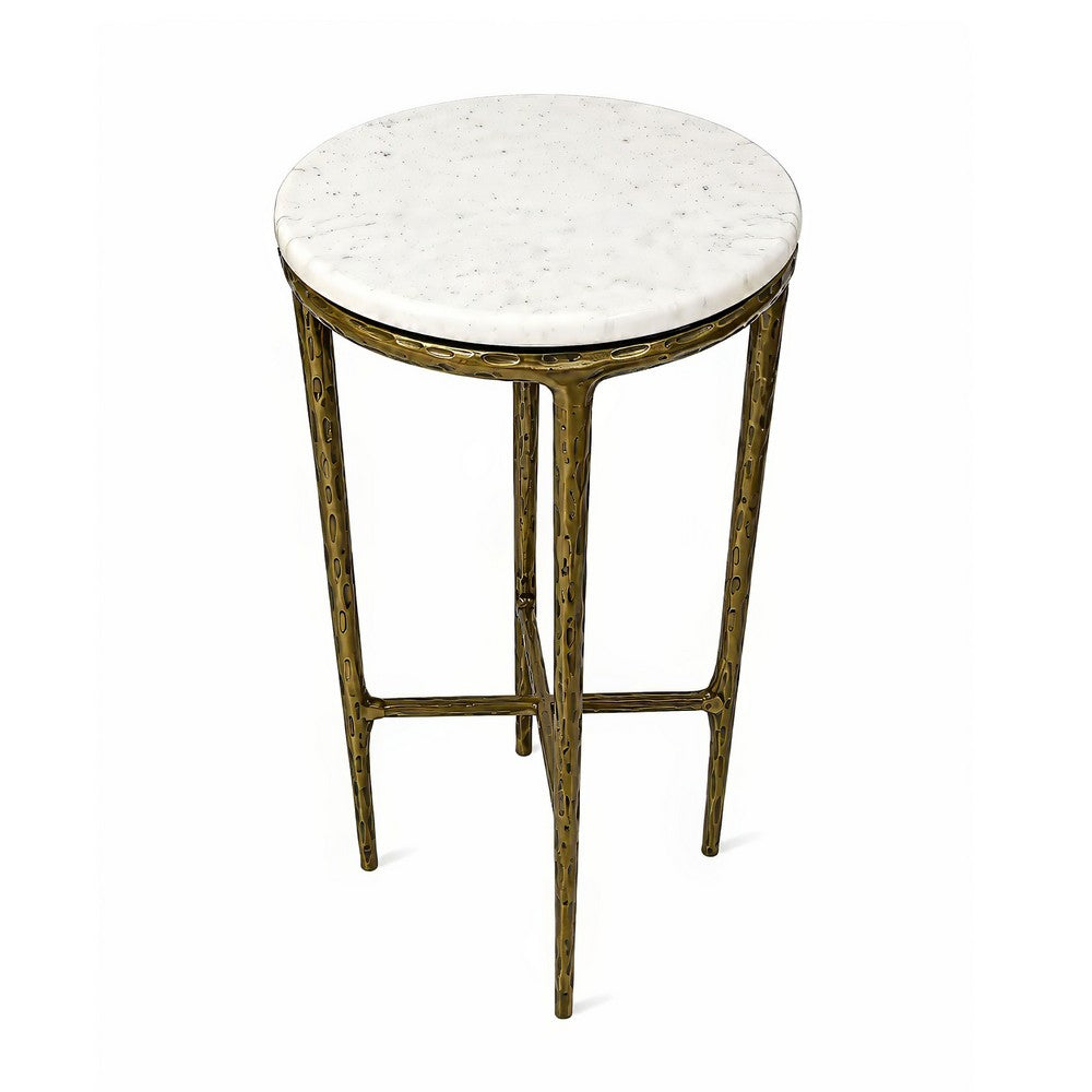 The Urban Port Minza Accent Side End Table, Modern White Marble Round Top, Hand Forged, Hammered Antique Brass Finish, 24 Inch