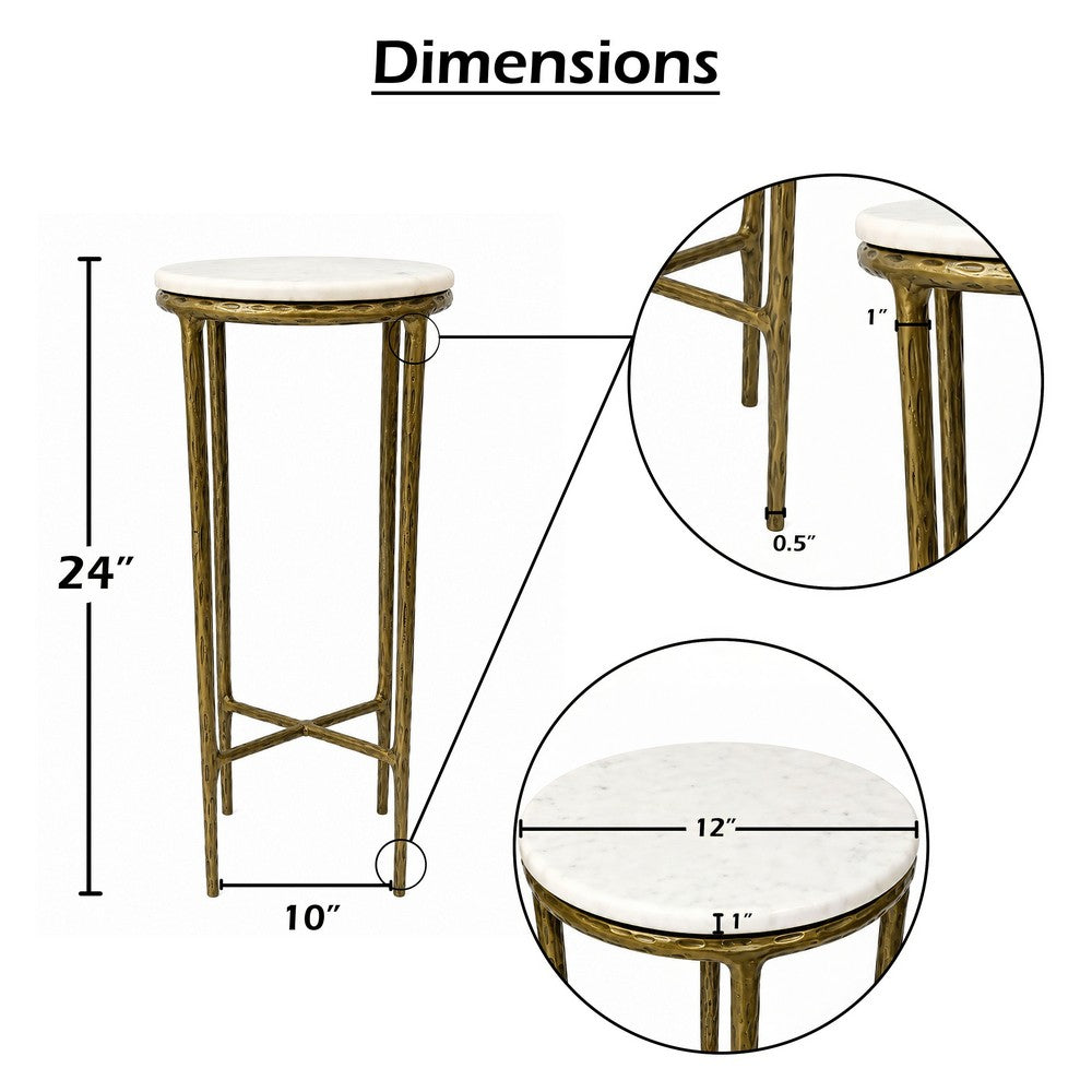 The Urban Port Minza Accent Side End Table, Modern White Marble Round Top, Hand Forged, Hammered Antique Brass Finish, 24 Inch