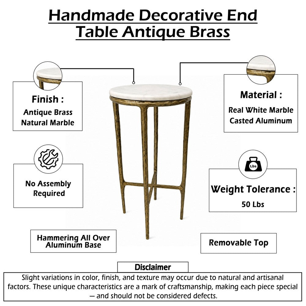 The Urban Port Minza Accent Side End Table, Modern White Marble Round Top, Hand Forged, Hammered Antique Brass Finish, 24 Inch