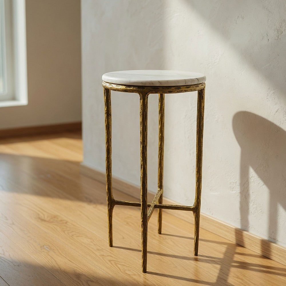 The Urban Port Minza Accent Side End Table, Modern White Marble Round Top, Hand Forged, Hammered Antique Brass Finish, 24 Inch