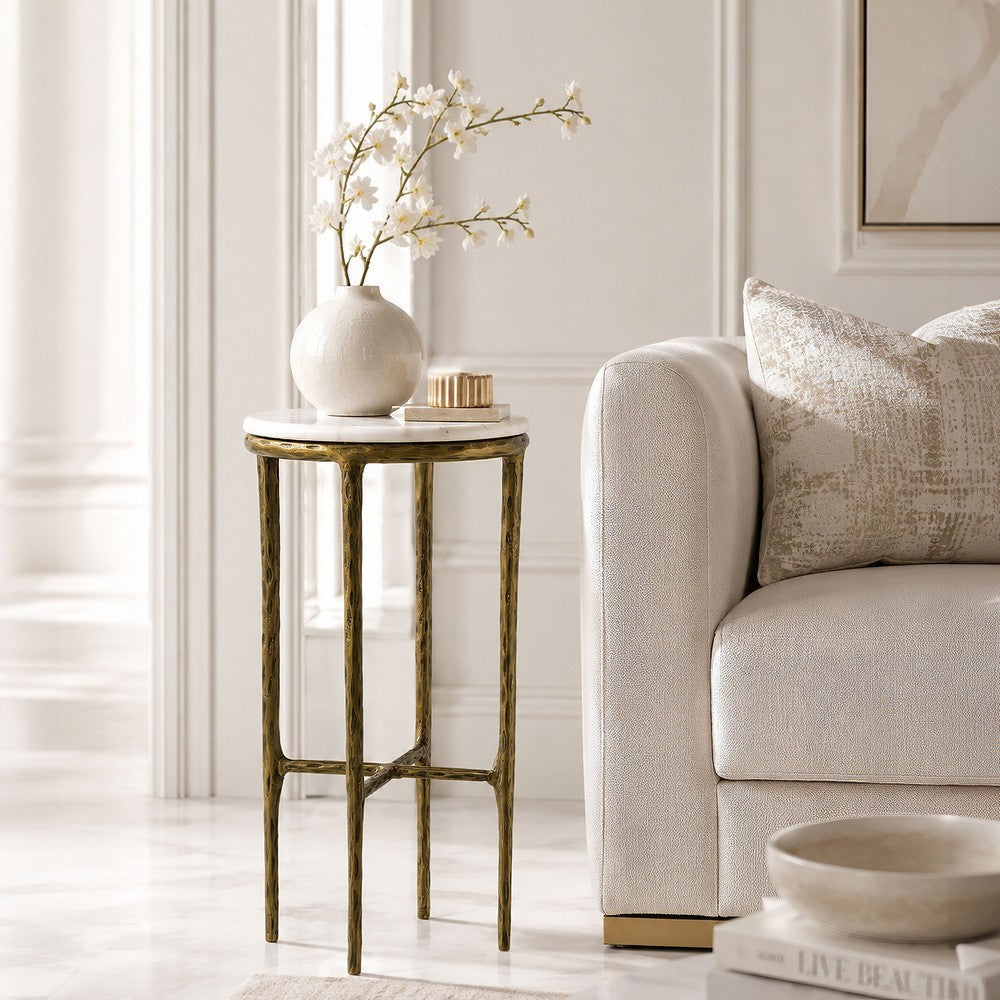 The Urban Port Minza Accent Side End Table, Modern White Marble Round Top, Hand Forged, Hammered Antique Brass Finish, 24 Inch