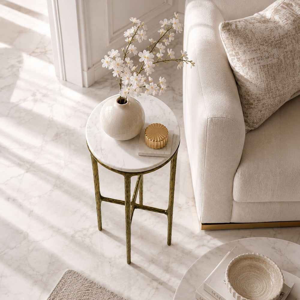 The Urban Port Minza Accent Side End Table, Modern White Marble Round Top, Hand Forged, Hammered Antique Brass Finish, 24 Inch