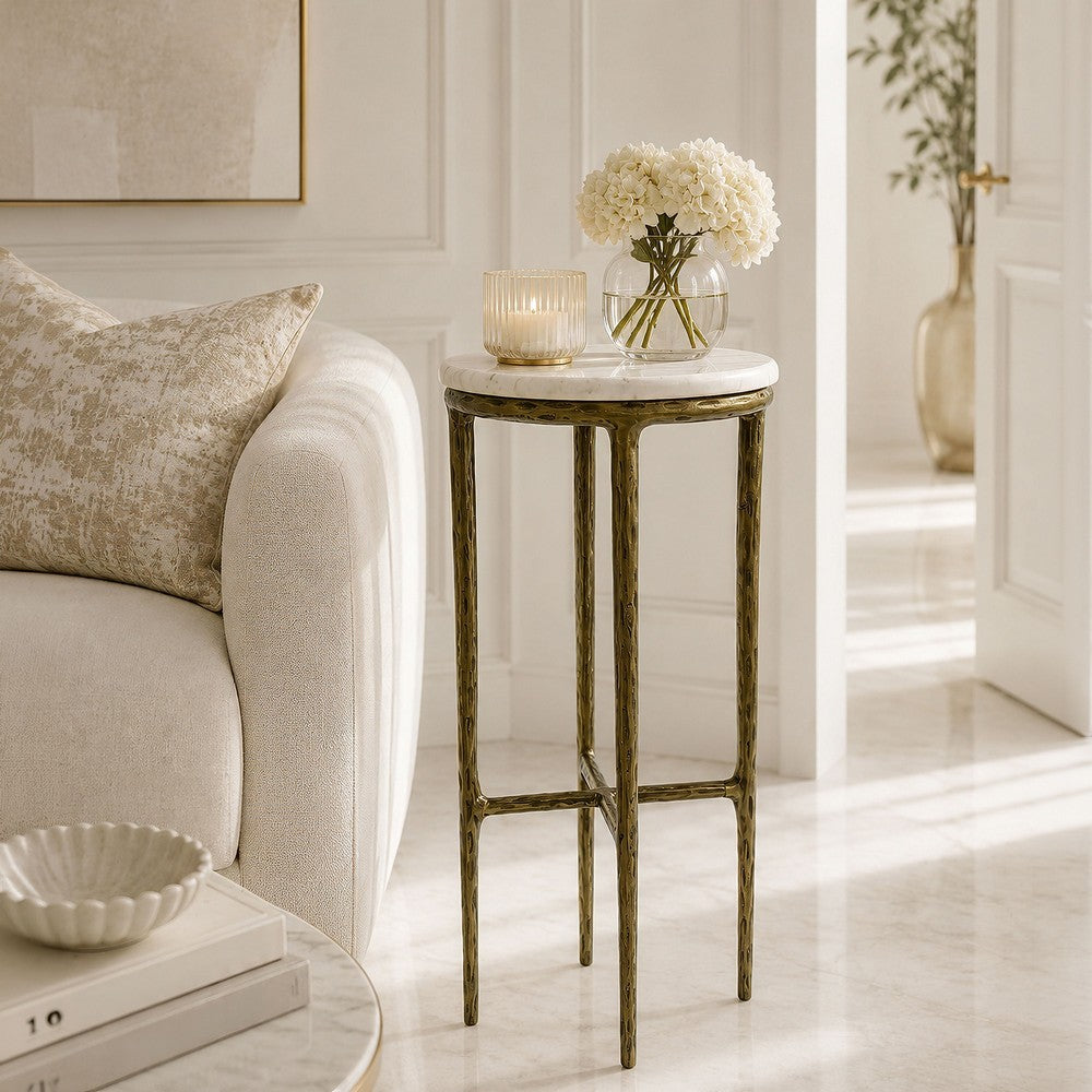 The Urban Port Minza Accent Side End Table, Modern White Marble Round Top, Hand Forged, Hammered Antique Brass Finish, 24 Inch