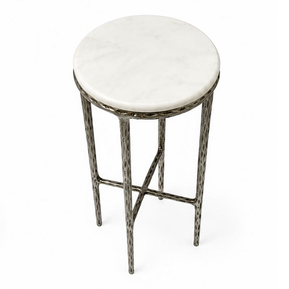 The Urban Port Minza Accent Side End Table, Modern White Marble Round Top, Hand Forged, Hammered Antique Nickel Finish, 24 Inch