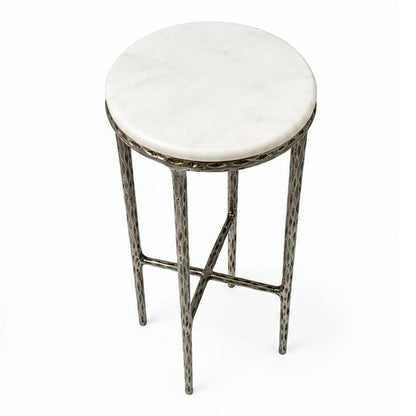 The Urban Port Minza Accent Side End Table, Modern White Marble Round Top, Hand Forged, Hammered Antique Nickel Finish, 24 Inch