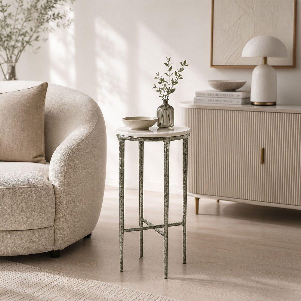 The Urban Port Minza Accent Side End Table, Modern White Marble Round Top, Hand Forged, Hammered Antique Nickel Finish, 24 Inch