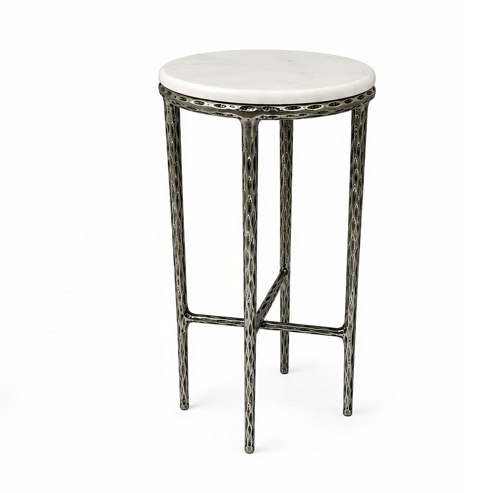 The Urban Port Minza Accent Side End Table, Modern White Marble Round Top, Hand Forged, Hammered Antique Nickel Finish, 24 Inch
