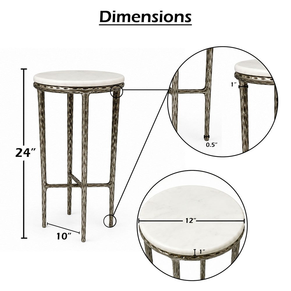 The Urban Port Minza Accent Side End Table, Modern White Marble Round Top, Hand Forged, Hammered Antique Nickel Finish, 24 Inch