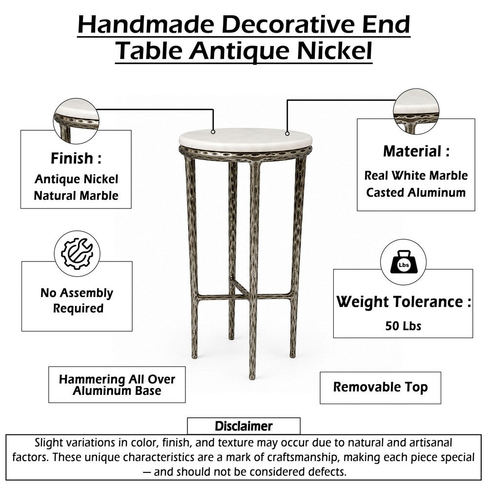 The Urban Port Minza Accent Side End Table, Modern White Marble Round Top, Hand Forged, Hammered Antique Nickel Finish, 24 Inch