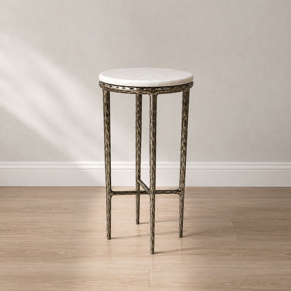 The Urban Port Minza Accent Side End Table, Modern White Marble Round Top, Hand Forged, Hammered Antique Nickel Finish, 24 Inch