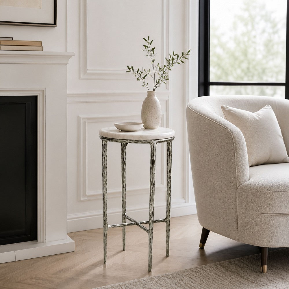 The Urban Port Minza Accent Side End Table, Modern White Marble Round Top, Hand Forged, Hammered Antique Nickel Finish, 24 Inch