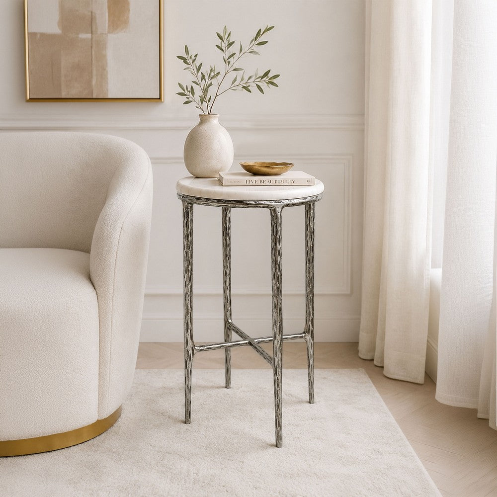 The Urban Port Minza Accent Side End Table, Modern White Marble Round Top, Hand Forged, Hammered Antique Nickel Finish, 24 Inch