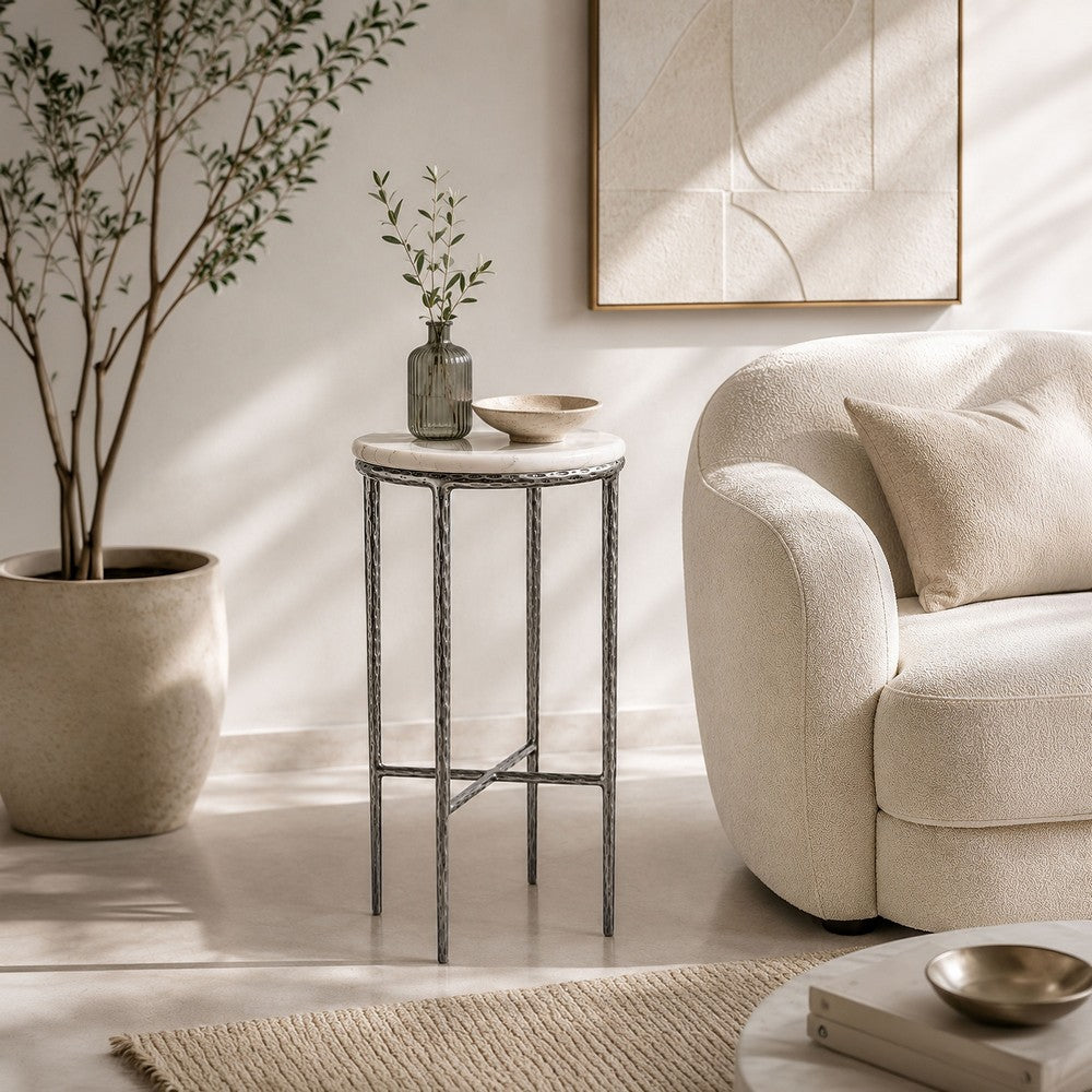 The Urban Port Minza Accent Side End Table, Modern White Marble Round Top, Hand Forged, Hammered Antique Nickel Finish, 24 Inch