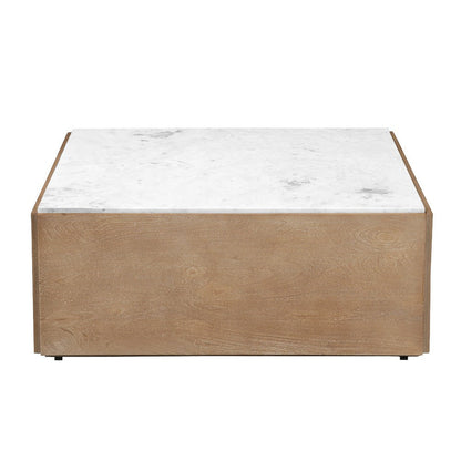 The Urban Port Joi 38 Inch Square Coffee Table, Real White Marble Top, Solid Mango Wood Base, Sandblasted Light Brown
