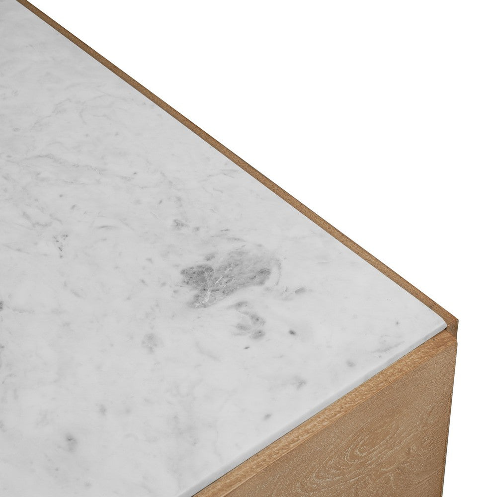 The Urban Port Joi 38 Inch Square Coffee Table, Real White Marble Top, Solid Mango Wood Base, Sandblasted Light Brown