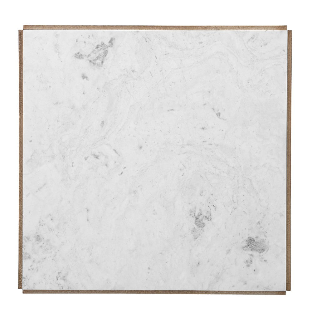 The Urban Port Joi 38 Inch Square Coffee Table, Real White Marble Top, Solid Mango Wood Base, Sandblasted Light Brown