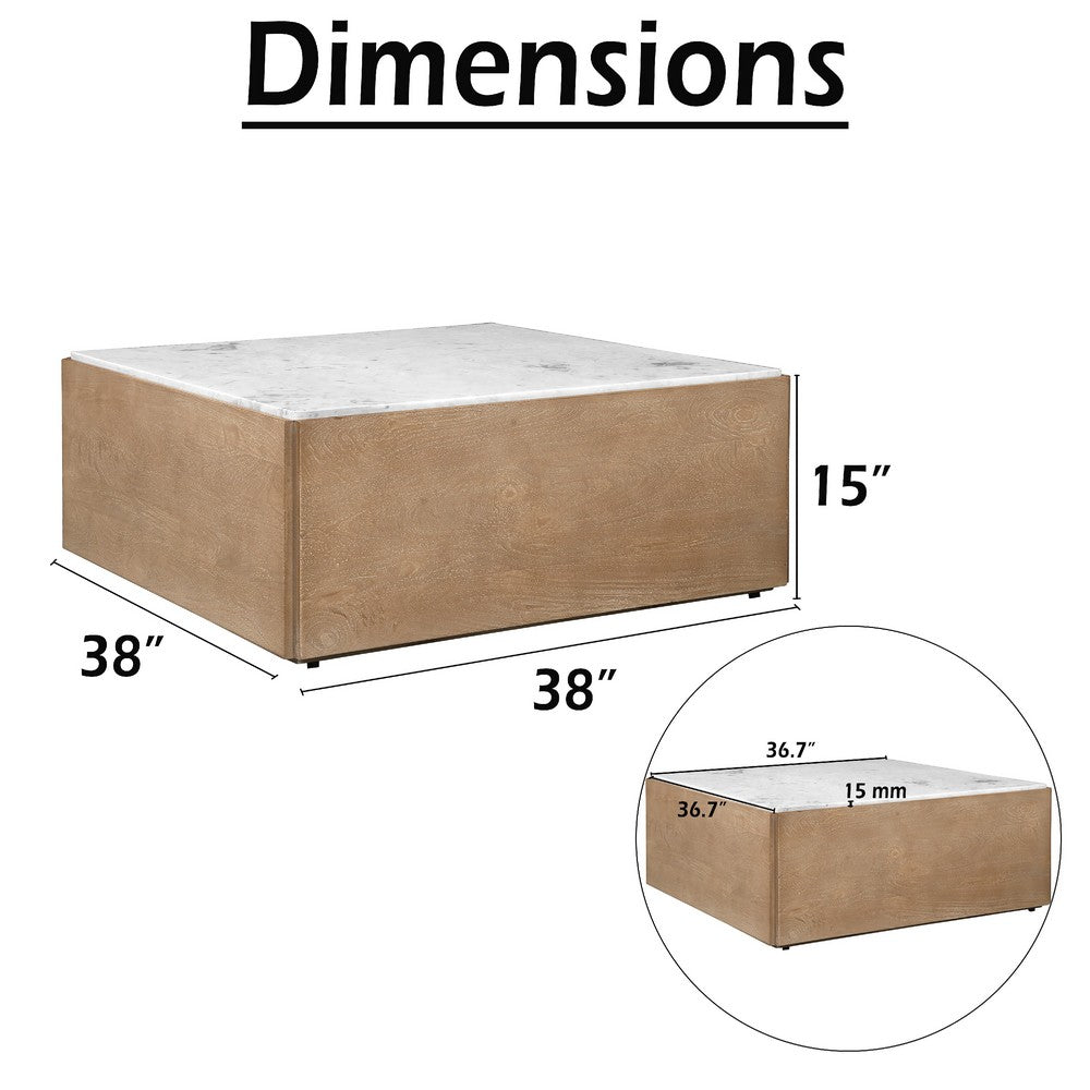 The Urban Port Joi 38 Inch Square Coffee Table, Real White Marble Top, Solid Mango Wood Base, Sandblasted Light Brown