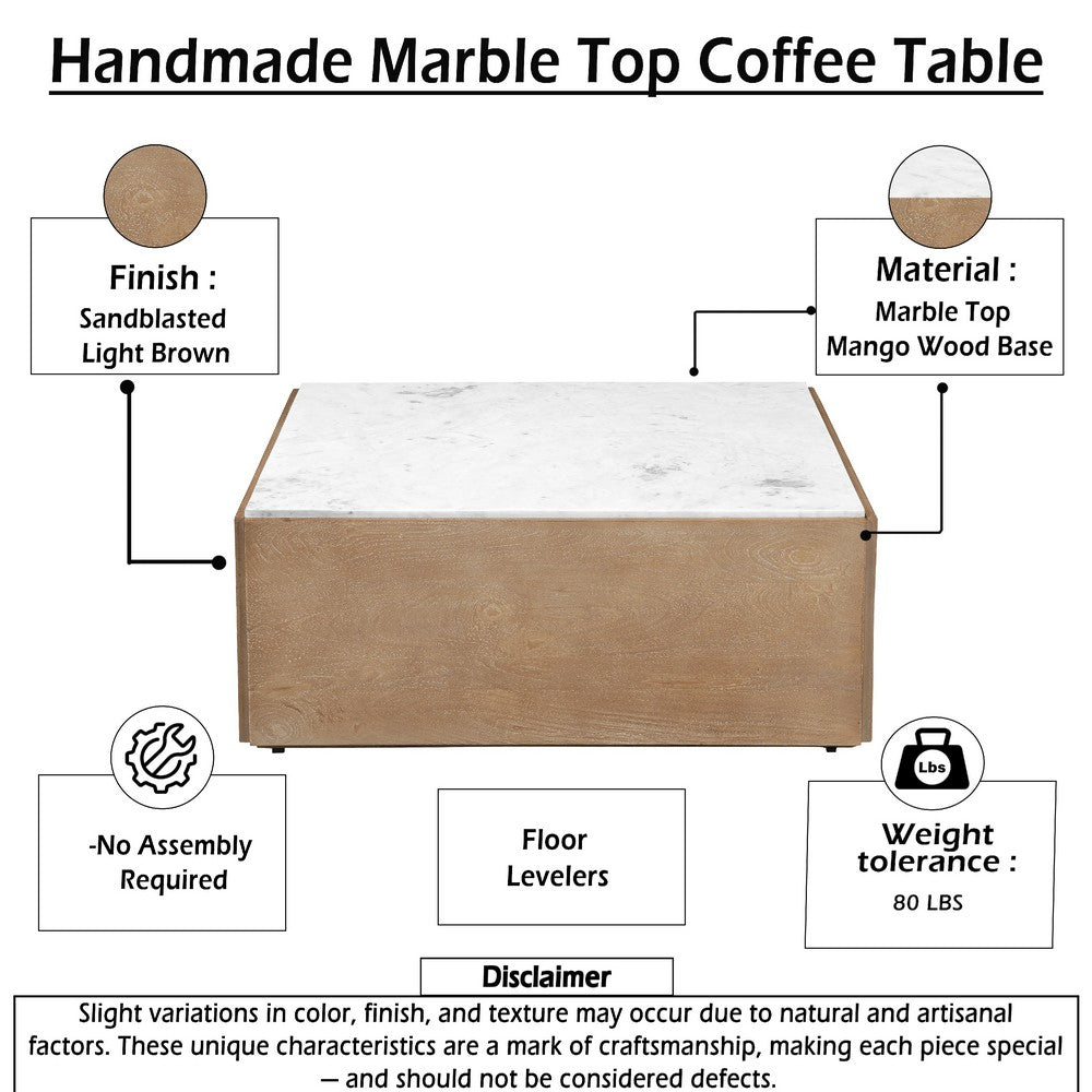 The Urban Port Joi 38 Inch Square Coffee Table, Real White Marble Top, Solid Mango Wood Base, Sandblasted Light Brown