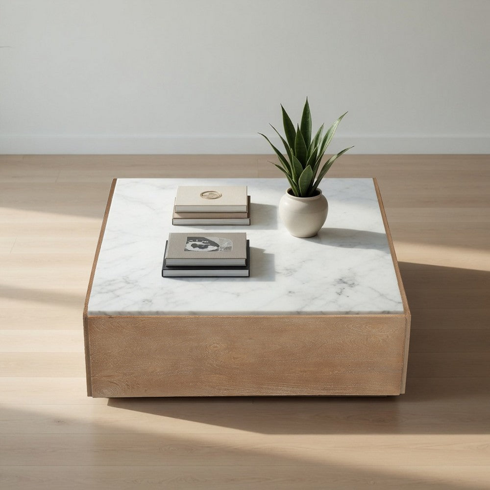 The Urban Port Joi 38 Inch Square Coffee Table, Real White Marble Top, Solid Mango Wood Base, Sandblasted Light Brown
