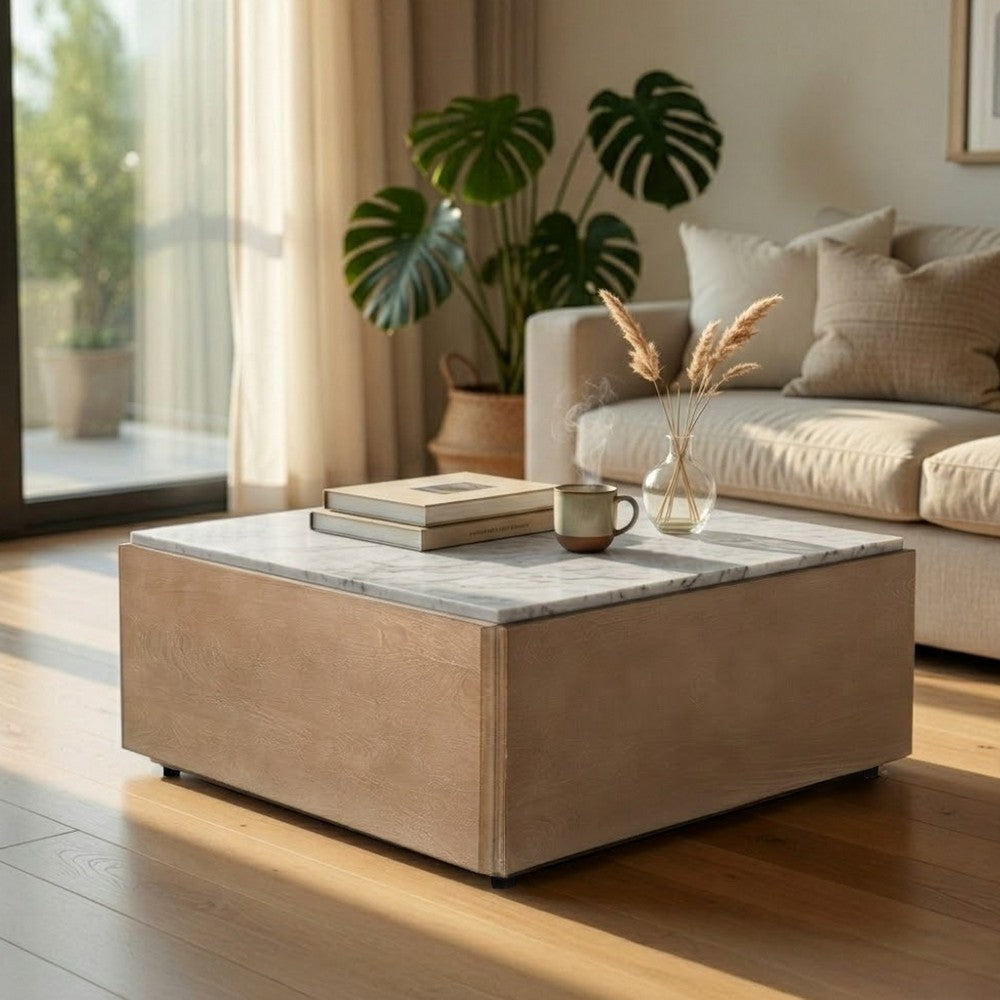 The Urban Port Joi 38 Inch Square Coffee Table, Real White Marble Top, Solid Mango Wood Base, Sandblasted Light Brown