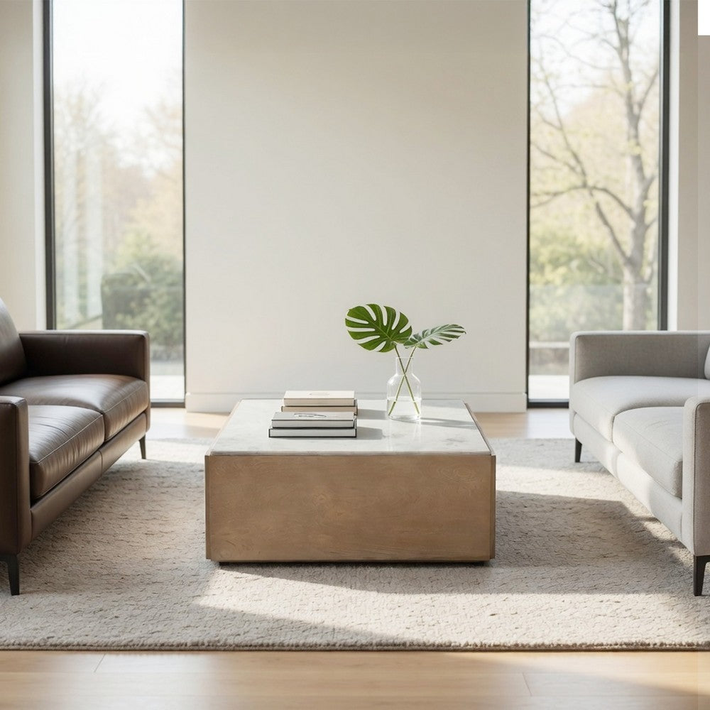 The Urban Port Joi 38 Inch Square Coffee Table, Real White Marble Top, Solid Mango Wood Base, Sandblasted Light Brown