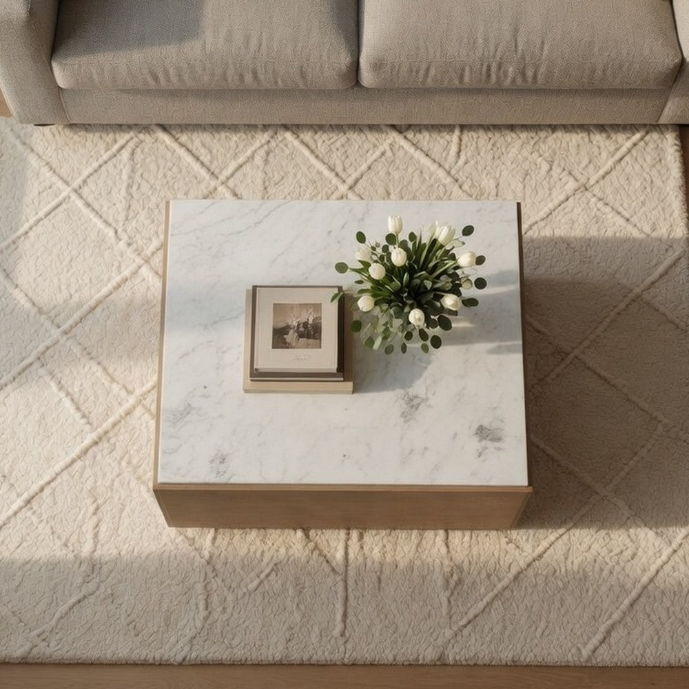 The Urban Port Joi 38 Inch Square Coffee Table, Real White Marble Top, Solid Mango Wood Base, Sandblasted Light Brown