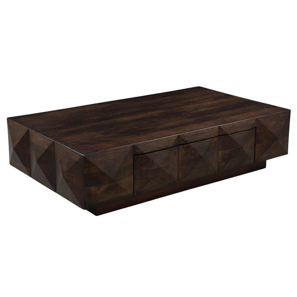 The Urban Port Jisaku 48 Inch Coffee Table with Storage Drawer, 3D Diamond Carved Panels, Walnut Brown Mango Wood