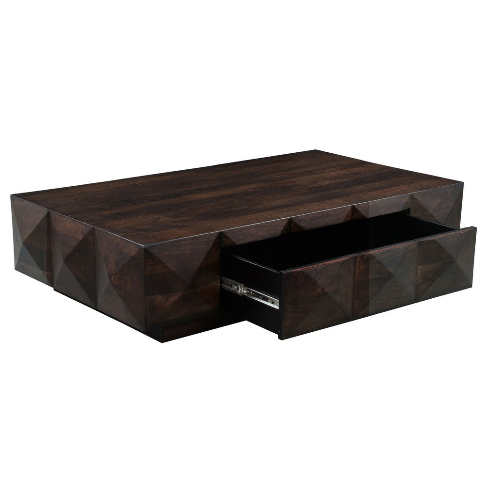 The Urban Port Jisaku 48 Inch Coffee Table with Storage Drawer, 3D Diamond Carved Panels, Walnut Brown Mango Wood