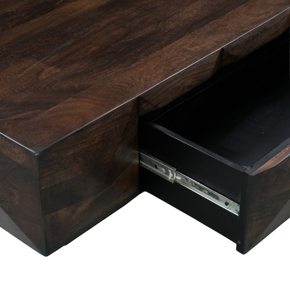 The Urban Port Jisaku 48 Inch Coffee Table with Storage Drawer, 3D Diamond Carved Panels, Walnut Brown Mango Wood