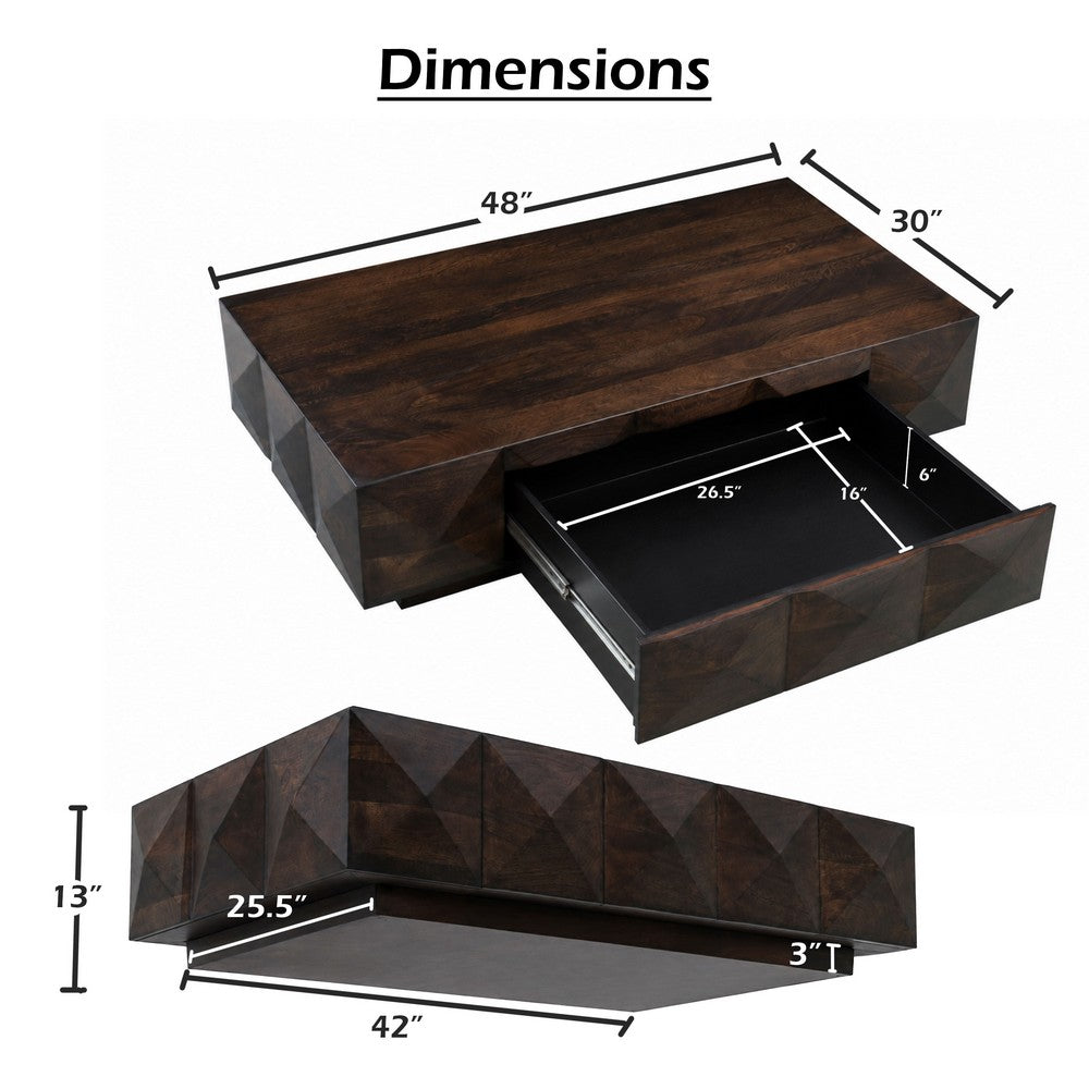 The Urban Port Jisaku 48 Inch Coffee Table with Storage Drawer, 3D Diamond Carved Panels, Walnut Brown Mango Wood
