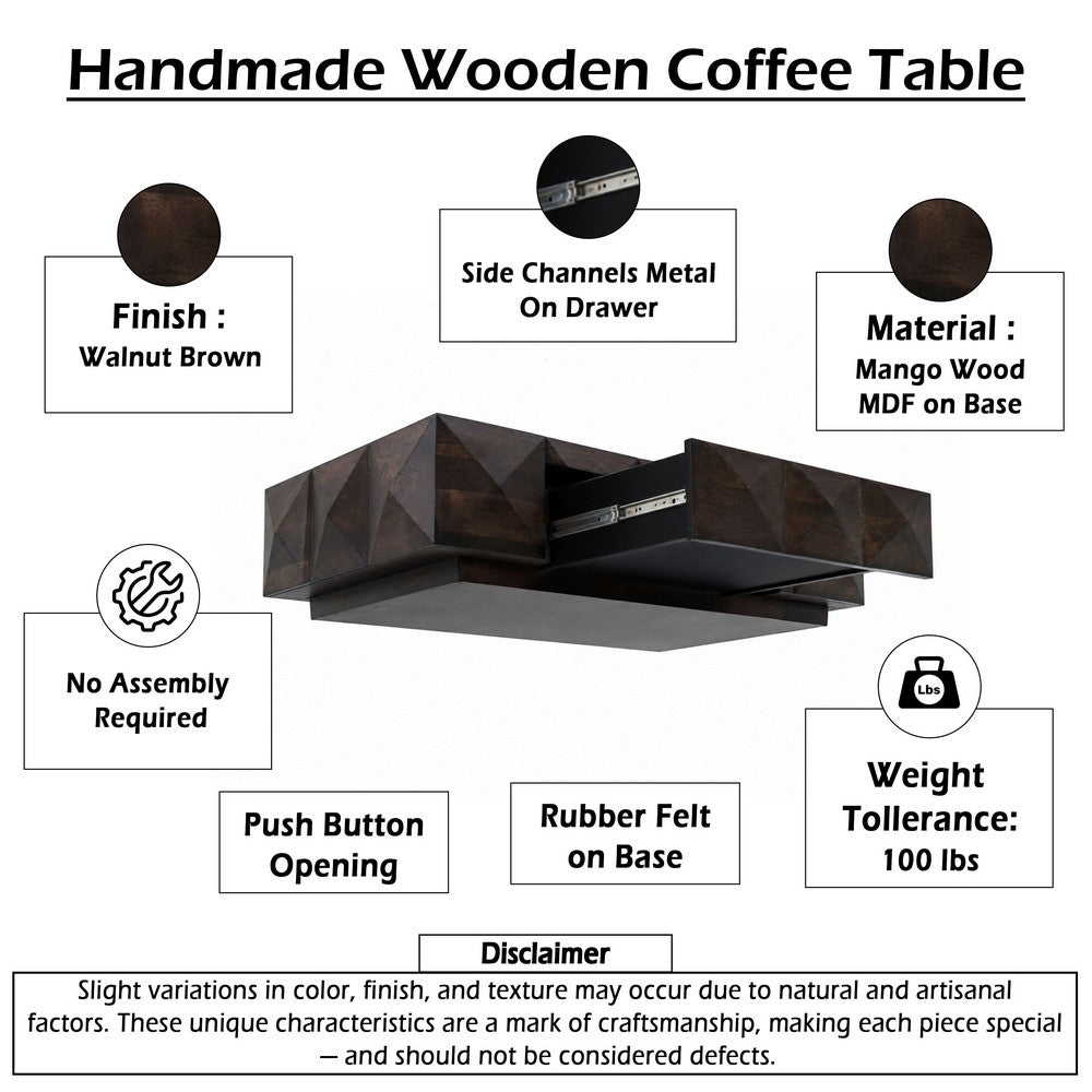 The Urban Port Jisaku 48 Inch Coffee Table with Storage Drawer, 3D Diamond Carved Panels, Walnut Brown Mango Wood