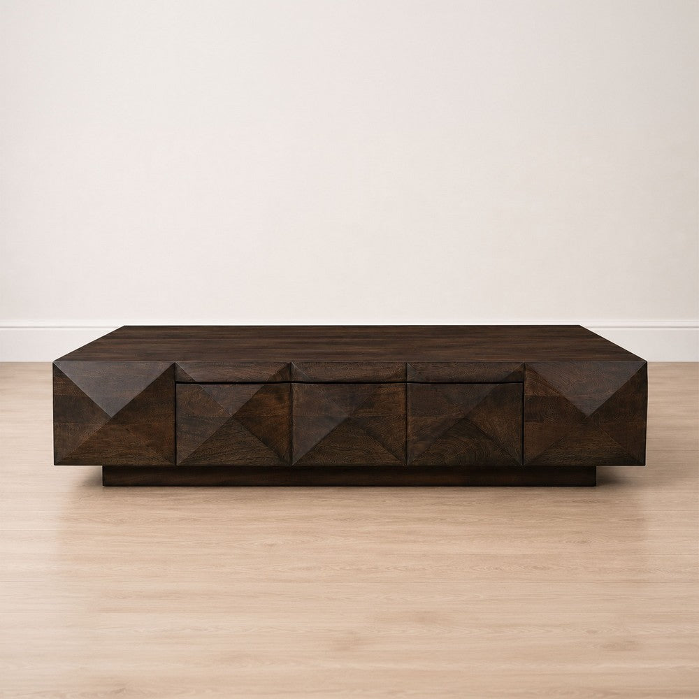 The Urban Port Jisaku 48 Inch Coffee Table with Storage Drawer, 3D Diamond Carved Panels, Walnut Brown Mango Wood