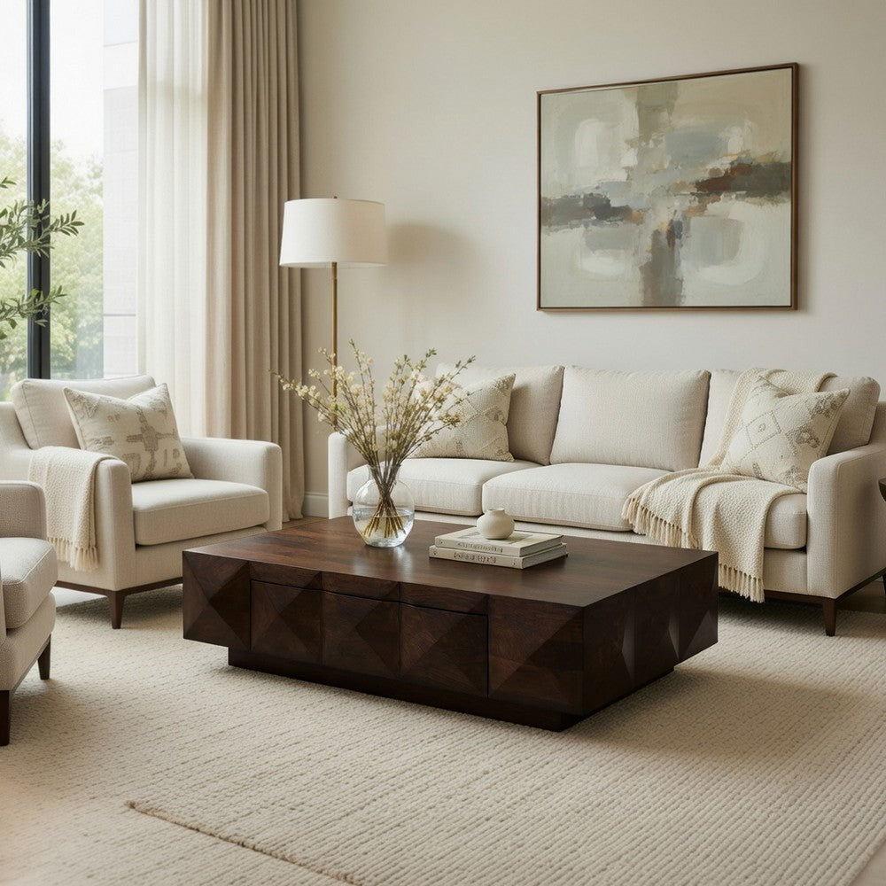 The Urban Port Jisaku 48 Inch Coffee Table with Storage Drawer, 3D Diamond Carved Panels, Walnut Brown Mango Wood