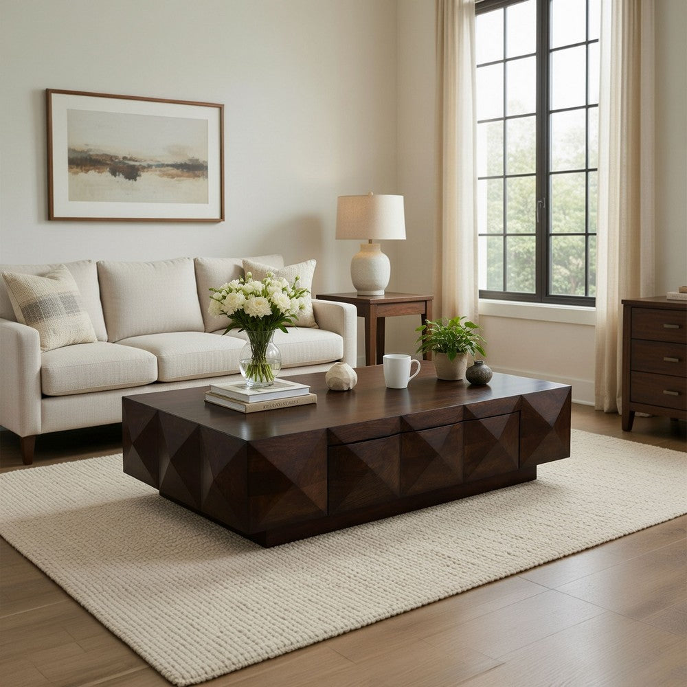 The Urban Port Jisaku 48 Inch Coffee Table with Storage Drawer, 3D Diamond Carved Panels, Walnut Brown Mango Wood