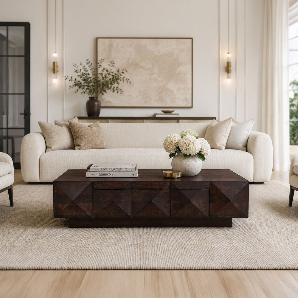 The Urban Port Jisaku 48 Inch Coffee Table with Storage Drawer, 3D Diamond Carved Panels, Walnut Brown Mango Wood